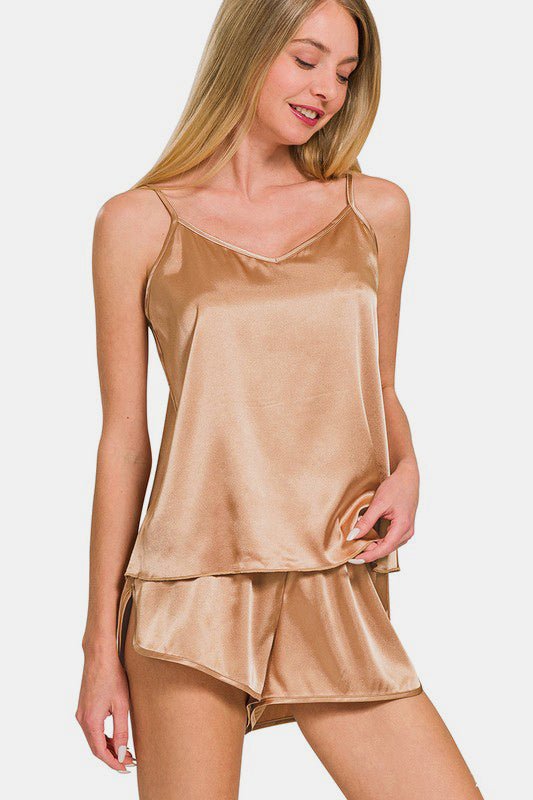 Zenana V - Neck Satin Cami and Elastic Waist Shorts Lounge Set - S. M. & Co.