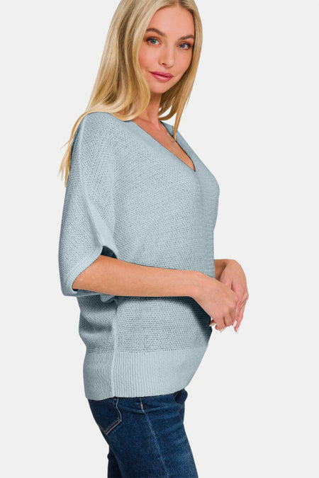 Zenana V - Neck Short Sleeve Dolman Sweater - S. M. & Co.