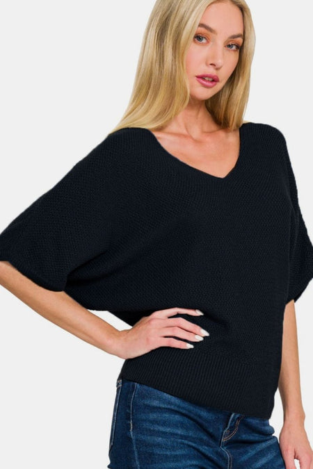 Zenana V - Neck Short Sleeve Dolman Sweater - S. M. & Co.