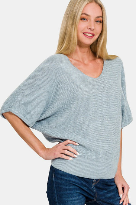 Zenana V - Neck Short Sleeve Dolman Sweater - S. M. & Co.