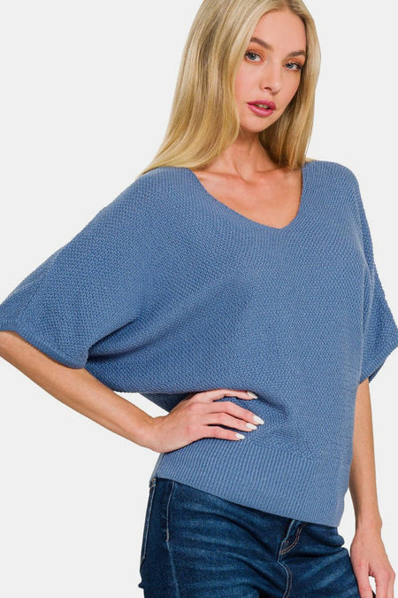 Zenana V - Neck Short Sleeve Dolman Sweater - S. M. & Co.