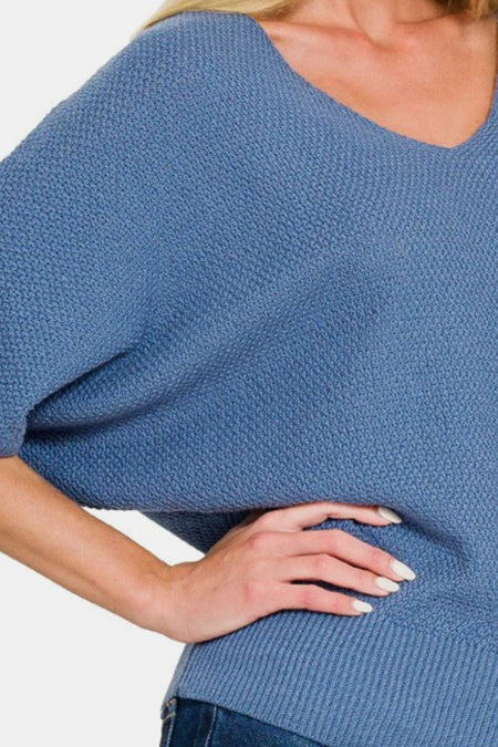 Zenana V - Neck Short Sleeve Dolman Sweater - S. M. & Co.