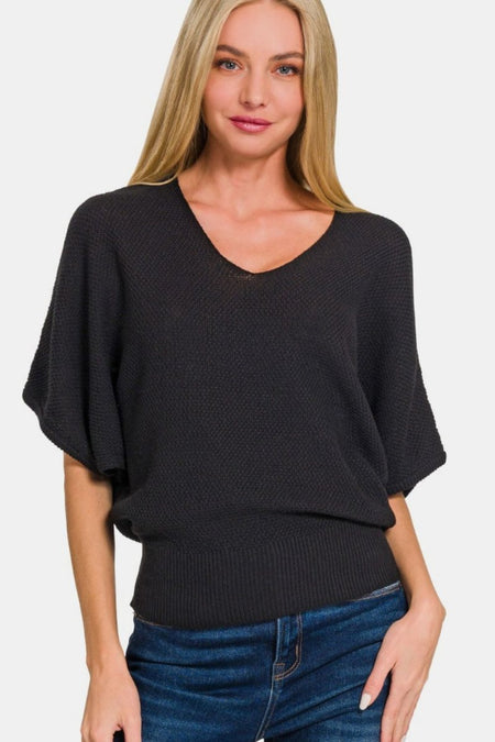 Zenana V - Neck Short Sleeve Dolman Sweater - S. M. & Co.