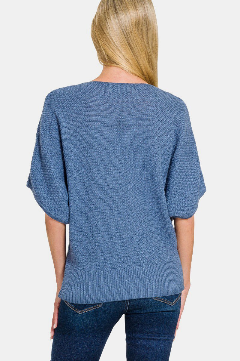 Zenana V - Neck Short Sleeve Dolman Sweater - S. M. & Co.