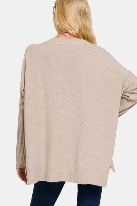 Zenana V - Neck Side Slit High - Low Sweater - S. M. & Co.