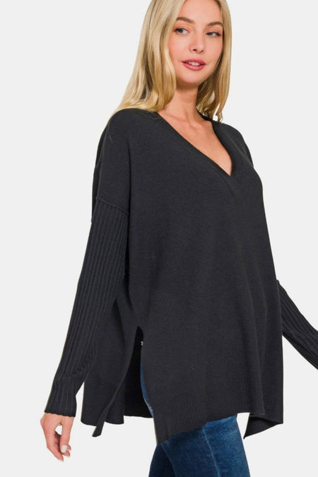 Zenana V - Neck Side Slit High - Low Sweater - S. M. & Co.