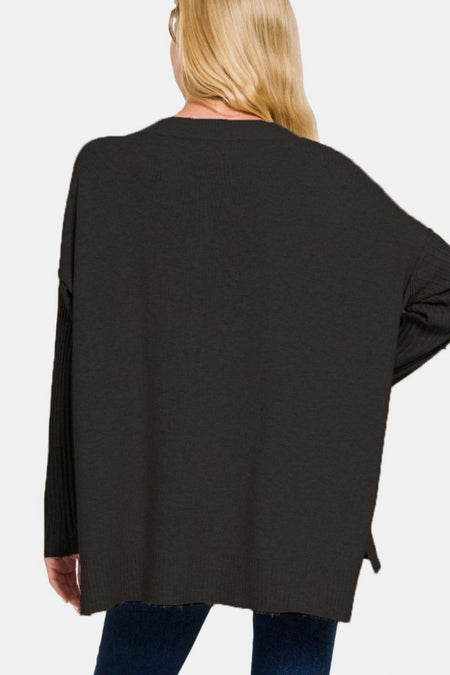 Zenana V - Neck Side Slit High - Low Sweater - S. M. & Co.