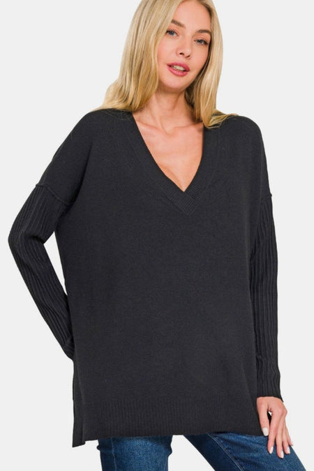 Zenana V - Neck Side Slit High - Low Sweater - S. M. & Co.