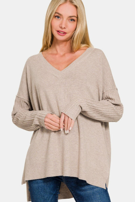 Zenana V - Neck Side Slit High - Low Sweater - S. M. & Co.