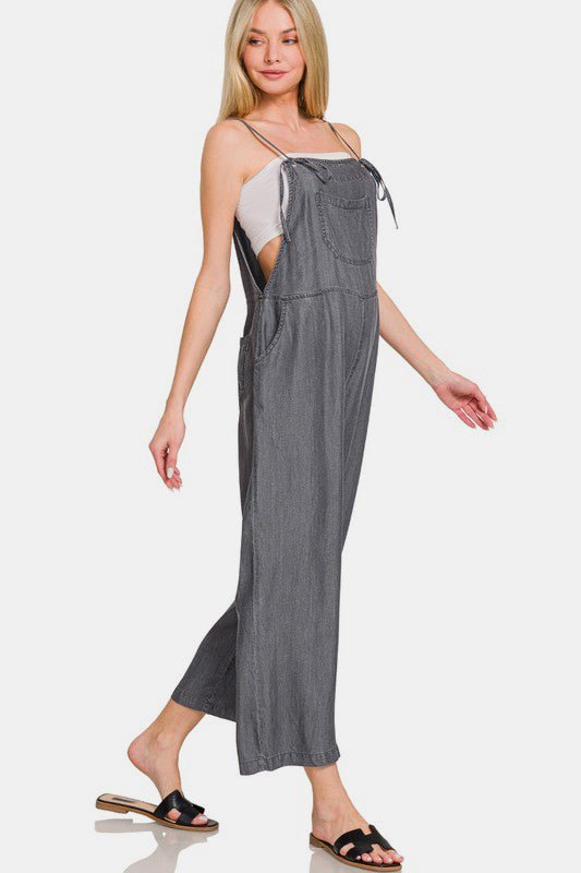 Zenana Washed Adjustable Strap Wide Leg Denim Overalls - S. M. & Co.