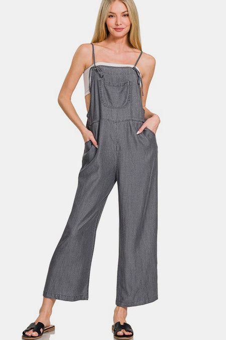 Zenana Washed Adjustable Strap Wide Leg Denim Overalls - S. M. & Co.