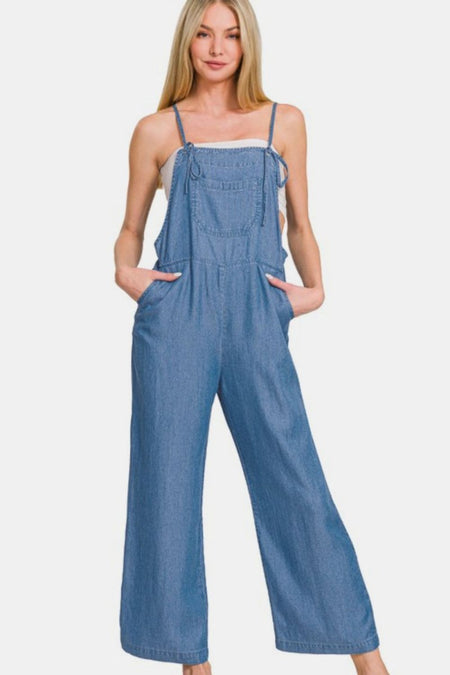 Zenana Washed Adjustable Strap Wide Leg Denim Overalls - S. M. & Co.