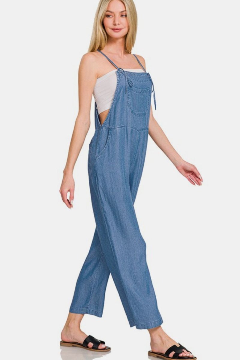 Zenana Washed Adjustable Strap Wide Leg Denim Overalls - S. M. & Co.