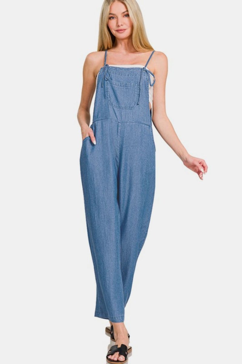 Zenana Washed Adjustable Strap Wide Leg Denim Overalls - S. M. & Co.