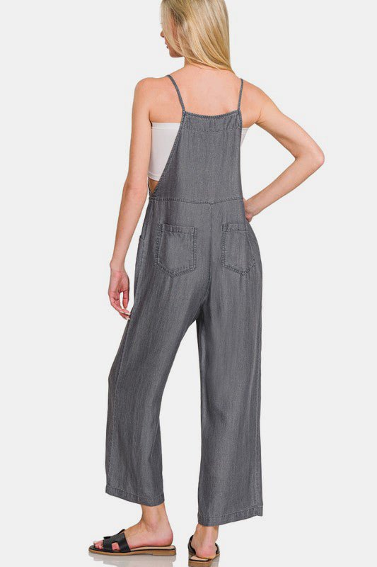 Zenana Washed Adjustable Strap Wide Leg Denim Overalls - S. M. & Co.