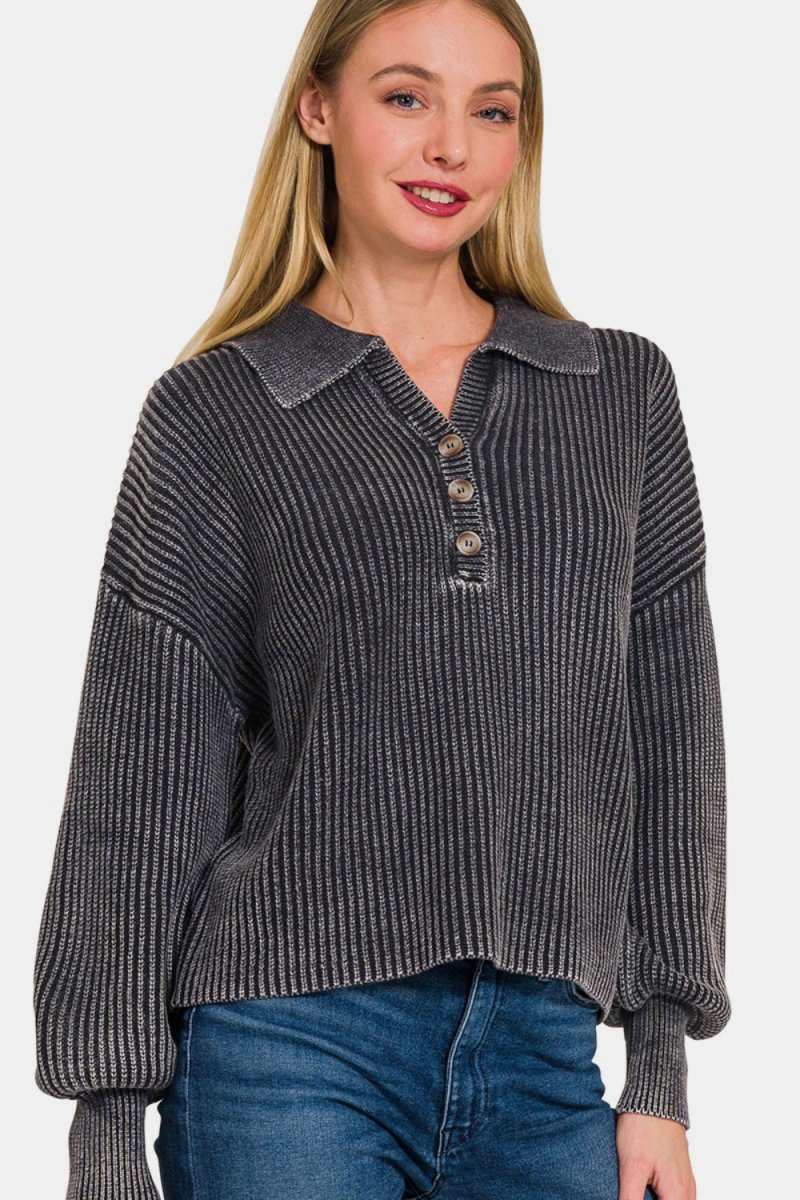 Zenana Washed Half Button Long Sleeve Sweater - S. M. & Co.