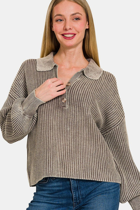 Zenana Washed Half Button Long Sleeve Sweater - S. M. & Co.