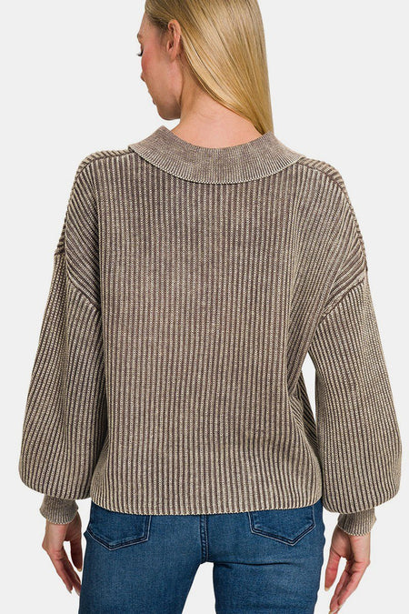 Zenana Washed Half Button Long Sleeve Sweater - S. M. & Co.