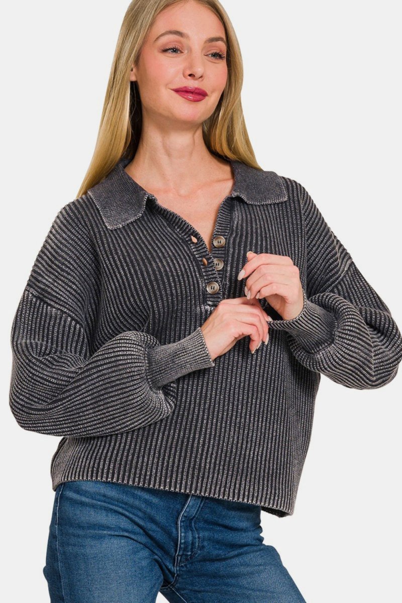 Zenana Washed Half Button Long Sleeve Sweater - S. M. & Co.