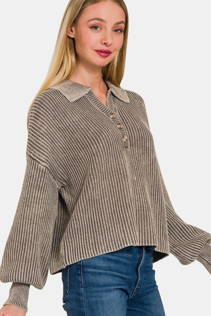 Zenana Washed Half Button Long Sleeve Sweater - S. M. & Co.