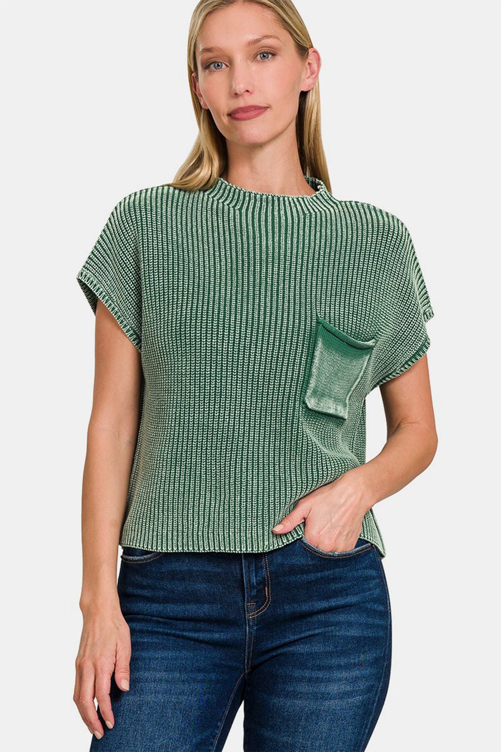 Zenana Washed Mock Neck Short Sleeve Cropped Sweater - AnAs Market