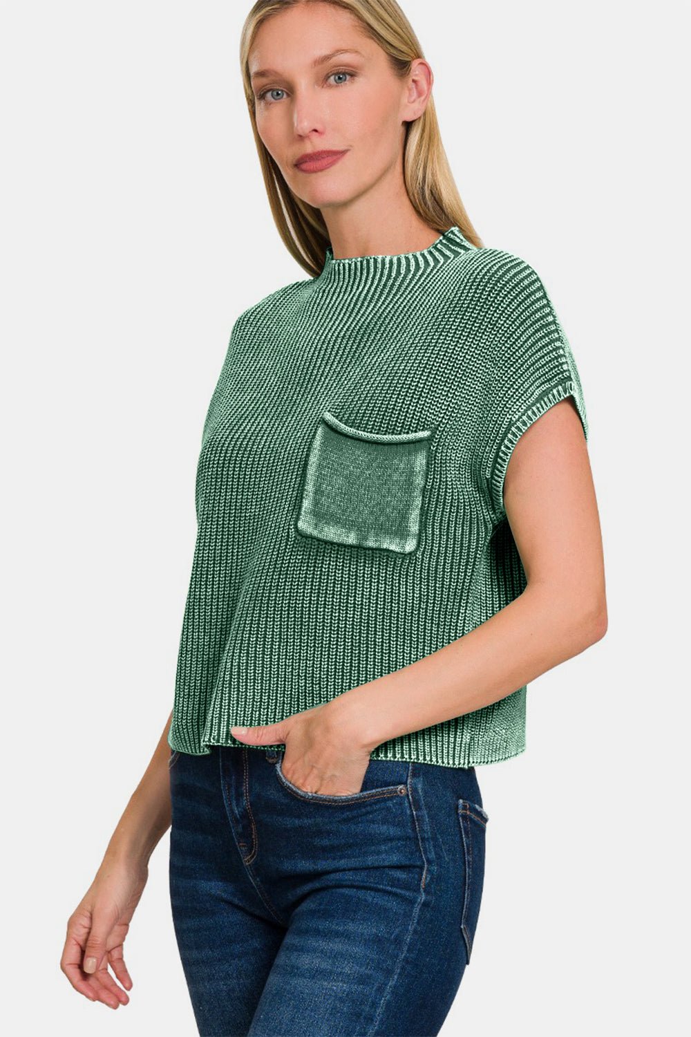 Zenana Washed Mock Neck Short Sleeve Cropped Sweater - AnAs Market