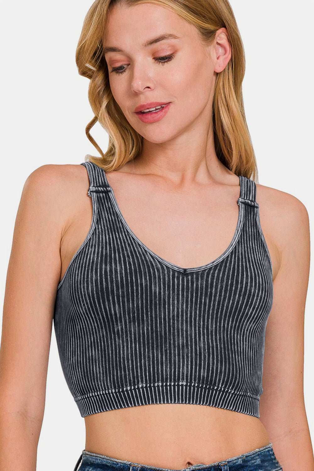 Zenana Washed Ribbed Cropped V - Neck Tank - S. M. & Co.