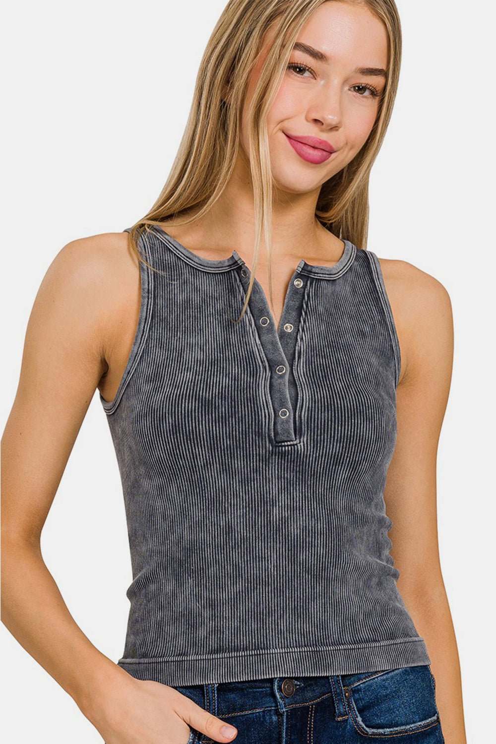 Zenana Washed Ribbed Half Snap Seamless Tank - S. M. & Co.