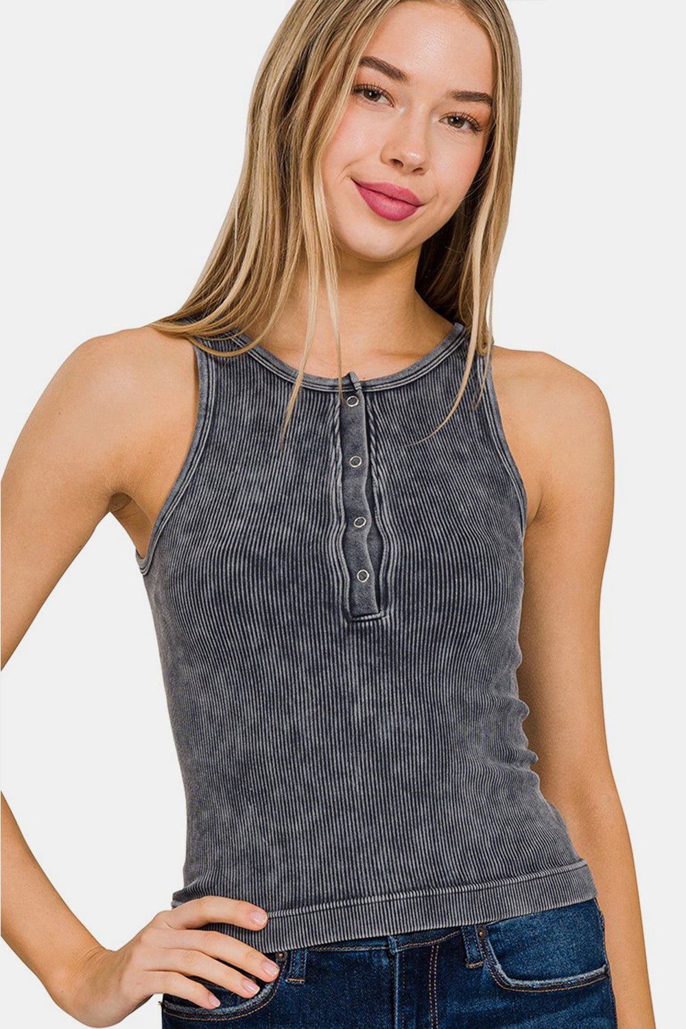 Zenana Washed Ribbed Half Snap Seamless Tank - S. M. & Co.