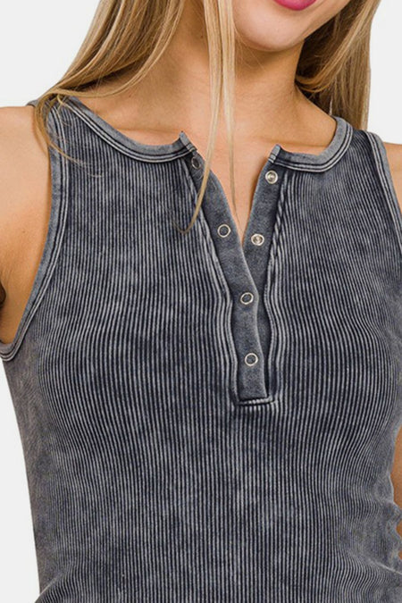 Zenana Washed Ribbed Half Snap Seamless Tank - S. M. & Co.