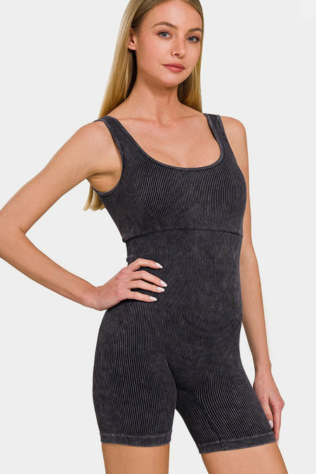 Zenana Washed Ribbed Romper with Pad - S. M. & Co.