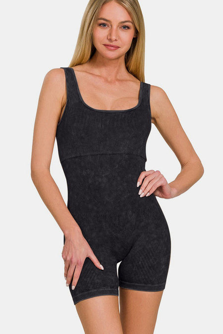 Zenana Washed Ribbed Romper with Pad - S. M. & Co.