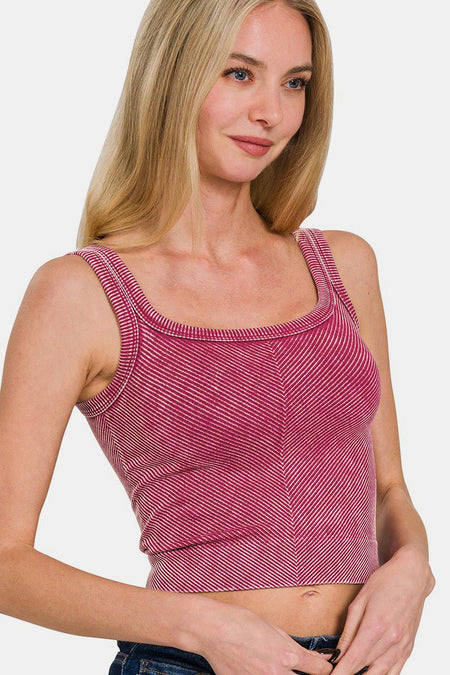 Zenana Washed Ribbed Scoop Neck Wide Strap Tank - S. M. & Co.