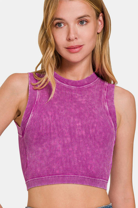 Zenana Washed Ribbed Seamless Crop Tank with Bra Pad - AnAs Market