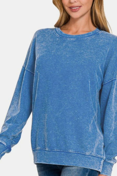 Zenana Washed Round Neck Dropped Shoulder Sweatshirt - S. M. & Co.