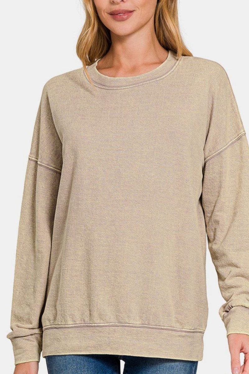 Zenana Washed Round Neck Dropped Shoulder Sweatshirt - S. M. & Co.