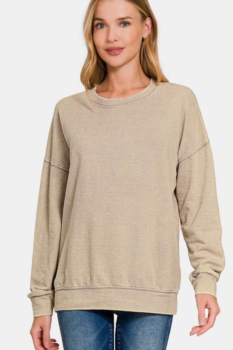 Zenana Washed Round Neck Dropped Shoulder Sweatshirt - S. M. & Co.