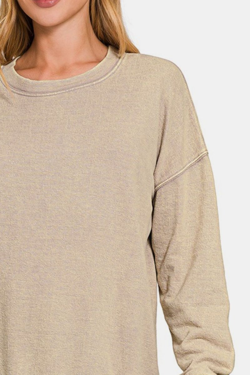 Zenana Washed Round Neck Dropped Shoulder Sweatshirt - S. M. & Co.