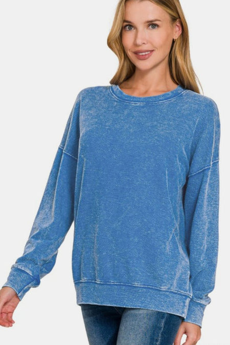 Zenana Washed Round Neck Dropped Shoulder Sweatshirt - S. M. & Co.