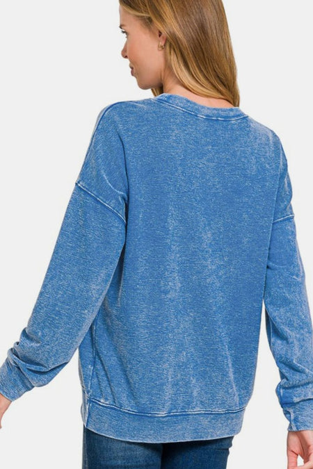 Zenana Washed Round Neck Dropped Shoulder Sweatshirt - S. M. & Co.