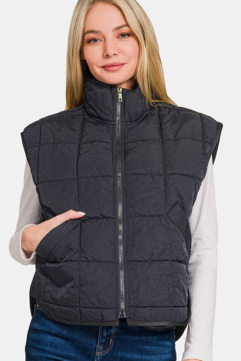 Zenana Zip Up Cropped Puffer Vest with Pockets - S. M. & Co.