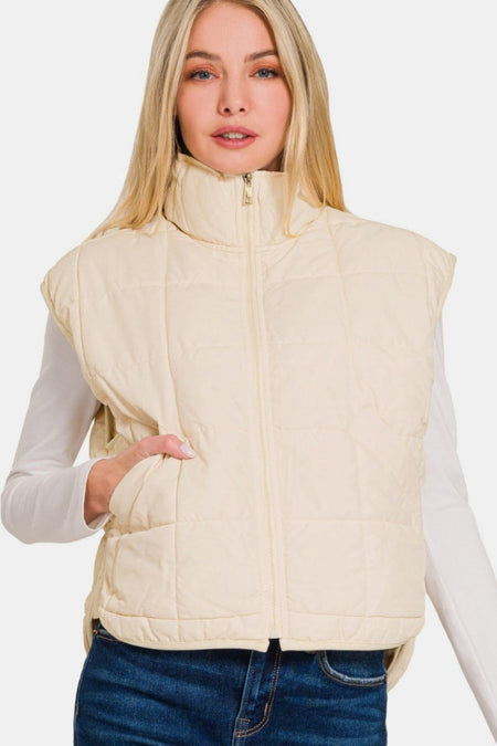 Zenana Zip Up Cropped Puffer Vest with Pockets - S. M. & Co.