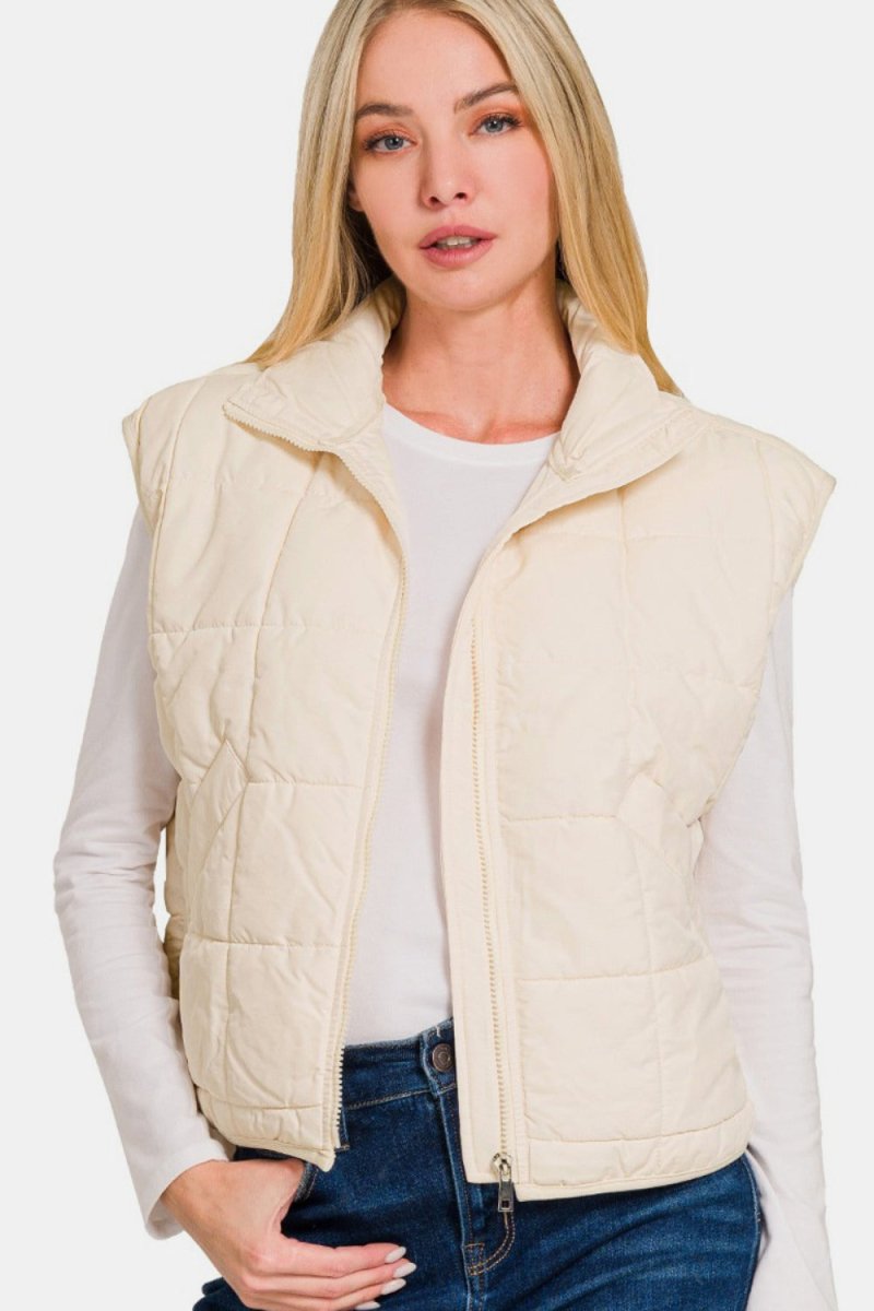 Zenana Zip Up Cropped Puffer Vest with Pockets - S. M. & Co.