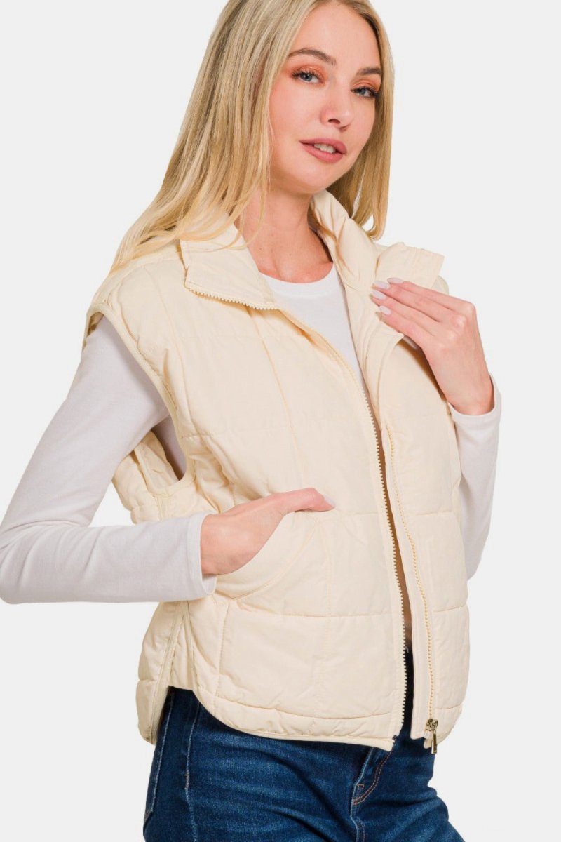 Zenana Zip Up Cropped Puffer Vest with Pockets - S. M. & Co.