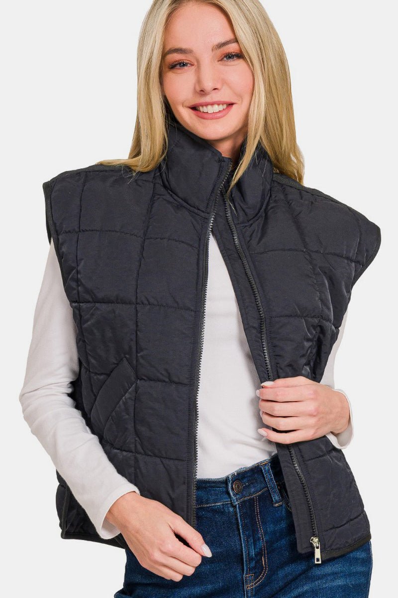 Zenana Zip Up Cropped Puffer Vest with Pockets - S. M. & Co.