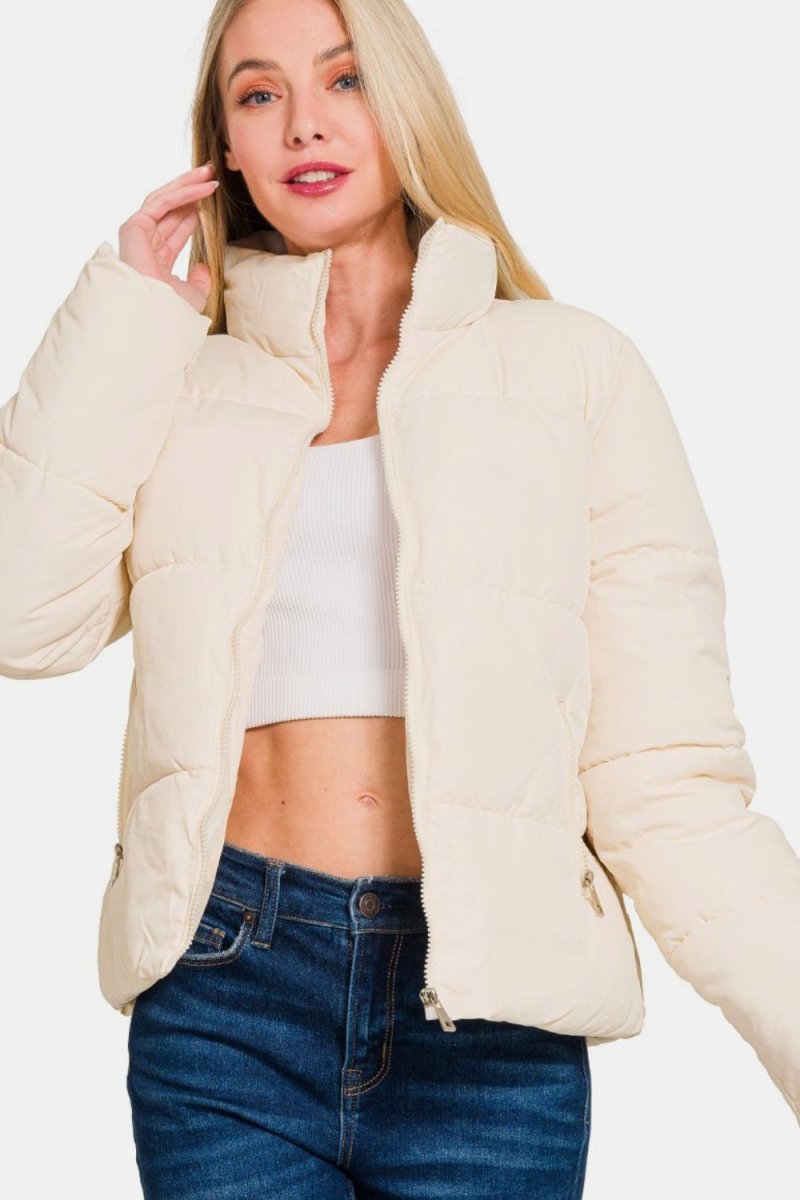 Zenana Zip Up Turtleneck Puffer Jacket with Pockets - S. M. & Co.