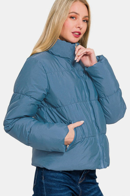 Zenana Zip Up Turtleneck Puffer Jacket with Pockets - S. M. & Co.