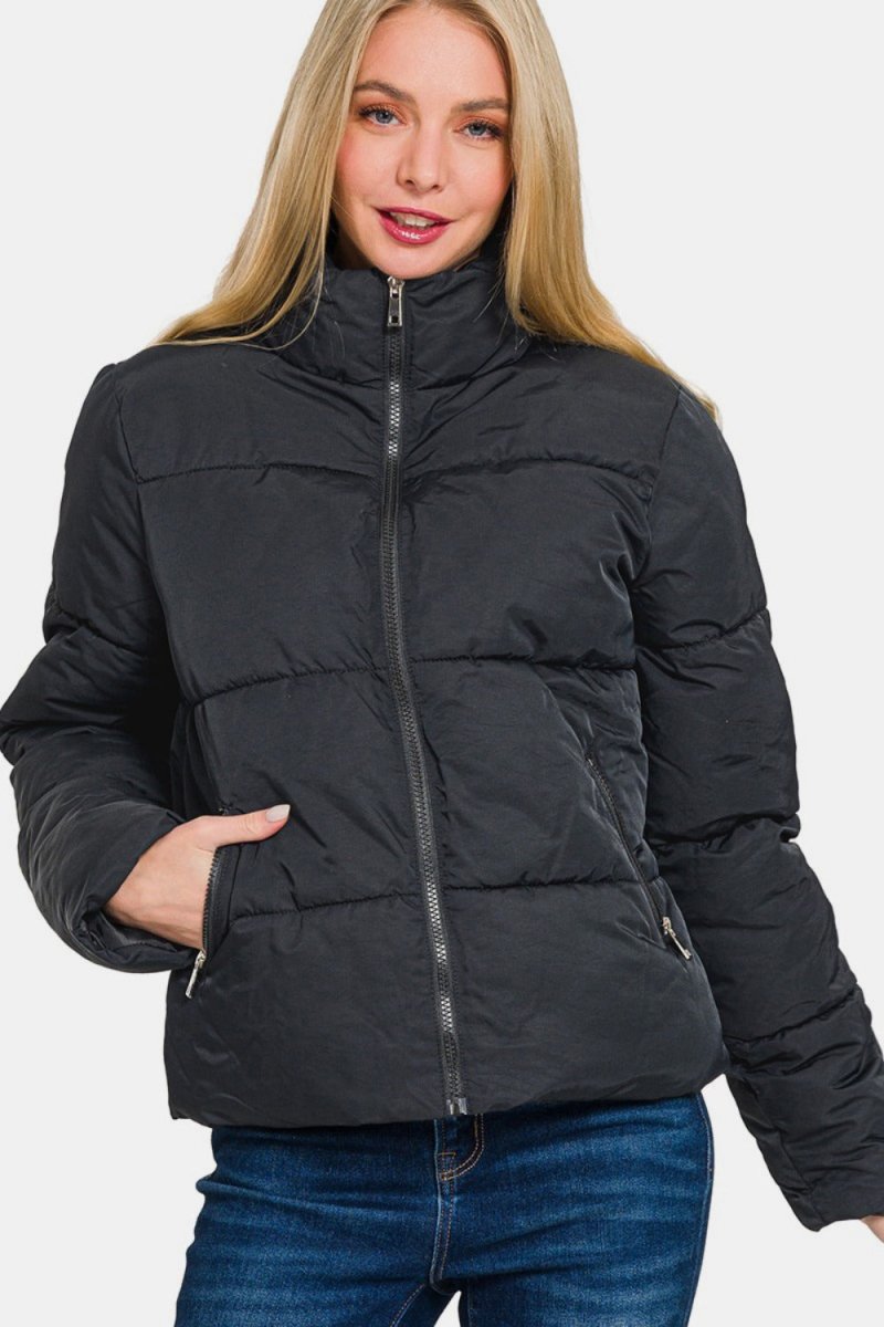 Zenana Zip Up Turtleneck Puffer Jacket with Pockets - S. M. & Co.