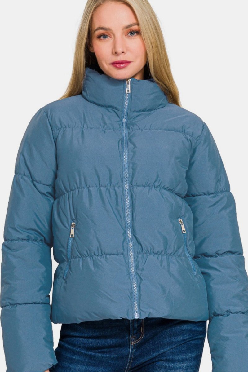 Zenana Zip Up Turtleneck Puffer Jacket with Pockets - S. M. & Co.