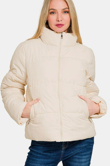 Zenana Zip Up Turtleneck Puffer Jacket with Pockets - S. M. & Co.